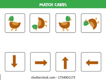 Match cards of orientations. Cute cartoon duck. Spatial orientation for kids. Up, down, left, right.