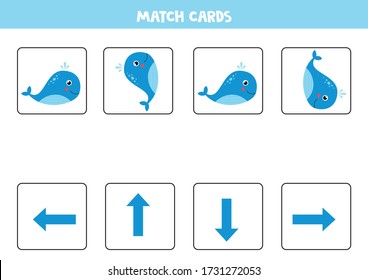 Match cards. Spatial orientation for kids. Find the right orientation of blue whale. Logical game for preschoolers.