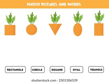 Match carrots and names of geometrical shapes. Logical educational game for kids.