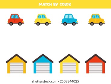 Match cars and garages by colors. Educational logical game for kids.