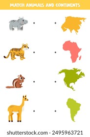 Match cartoon animals and continents. Educational game for kids.
