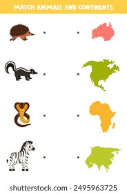 Match cartoon animals and continents. Educational game for kids.