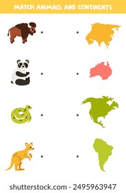 Match cartoon animals and continents. Educational game for kids.
