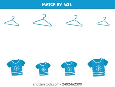 Match cartoon blue t shirts and hangers by size. Educational logical game for kids.