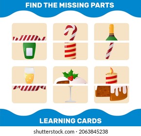 Match cartoon christmas parts. Matching game. Educational game for pre shool years kids and toddlers