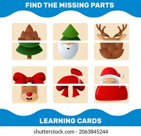Match cartoon christmas parts. Matching game. Educational game for pre shool years kids and toddlers