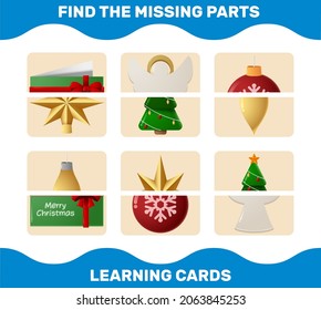 Match cartoon christmas parts. Matching game. Educational game for pre shool years kids and toddlers