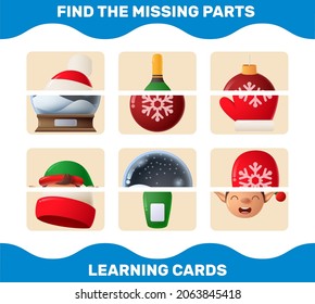 Match cartoon christmas parts. Matching game. Educational game for pre shool years kids and toddlers