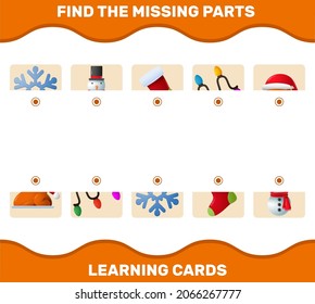Match cartoon christmas parts. Matching game. Educational game for pre shool years kids and toddlers