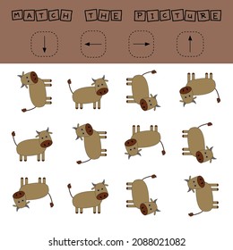 Match cartoon cows and directions up, down, left and right. Educational game for children.