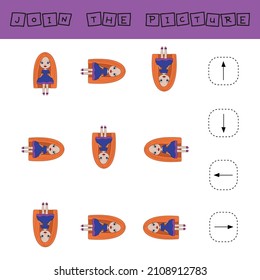 Match cartoon  dolls and directions up, down, left and right. Educational game for children.