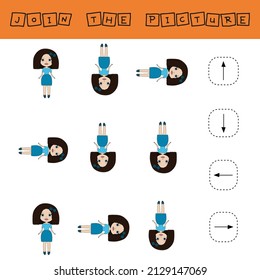 Match cartoon  dolls and directions up, down, left and right. Educational game for children.