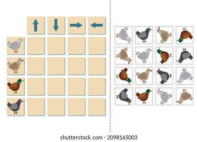 Match cartoon ducks and directions up, down, left and right. Educational game for children.