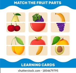 Match cartoon fruits parts. Matching game. Educational game for pre shool years kids and toddlers