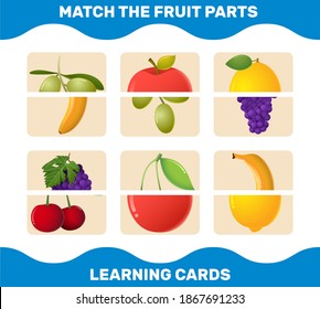 Match cartoon fruits parts. Matching game. Educational game for pre shool years kids and toddlers