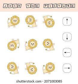 Match cartoon lions and directions up, down, left and right. Educational game for children.
