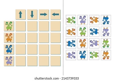 Match cartoon monsters and directions up, down, left and right. Educational game for children.