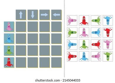 Match cartoon monsters and directions up, down, left and right. Educational game for children.