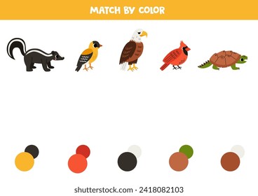 Match cartoon North American animals and colors. Educational game for color recognition.