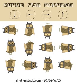 Match cartoon owls and directions up, down, left and right. Educational game for children.
