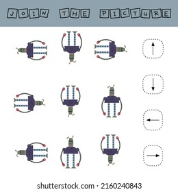 Match cartoon robots and directions up, down, left and right. Educational game for children.
