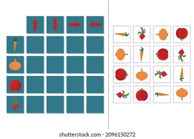 Match cartoon vegetables and directions up, down, left and right. Educational game for children.