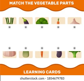 Match cartoon vegetables parts. Matching game. Educational game for pre shool years kids and toddlers