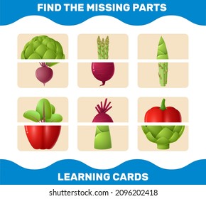 Match cartoon vegetables parts. Matching game. Educational game for pre shool years kids and toddlers