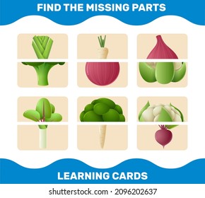 Match cartoon vegetables parts. Matching game. Educational game for pre shool years kids and toddlers
