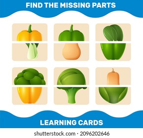 Match cartoon vegetables parts. Matching game. Educational game for pre shool years kids and toddlers