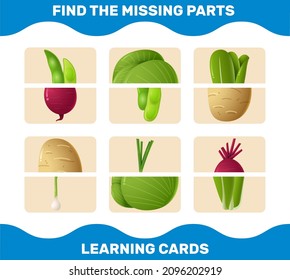 Match cartoon vegetables parts. Matching game. Educational game for pre shool years kids and toddlers