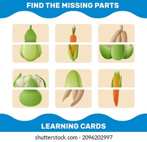 Match cartoon vegetables parts. Matching game. Educational game for pre shool years kids and toddlers