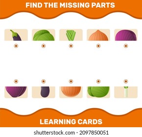 Match cartoon vegetables parts. Matching game. Educational game for pre shool years kids and toddlers