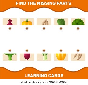 Match cartoon vegetables parts. Matching game. Educational game for pre shool years kids and toddlers