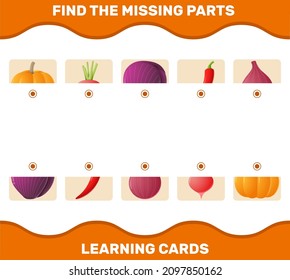 Match cartoon vegetables parts. Matching game. Educational game for pre shool years kids and toddlers