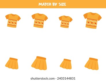 Match cartoon yellow t shirts and skirts by size. Educational logical game for kids.