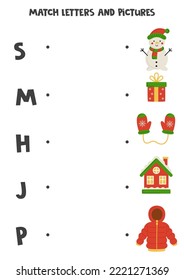 Match Christmas elements with alphabet letters. Educational game.