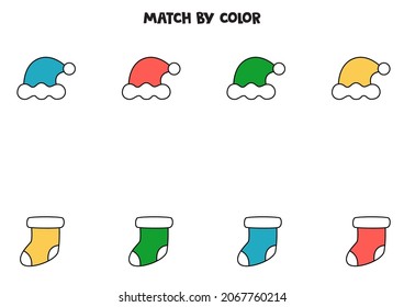 Match Christmas hats and socks by colors. Educational logical game for kids.