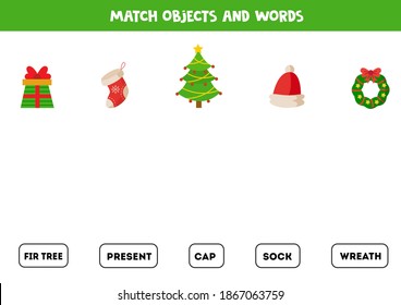 Match Christmas objects and written words. Logical game for kids. Practicing reading skills.