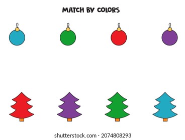 Match Christmas trees and baubles by colors. Educational logical game for kids.