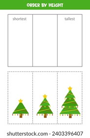 Match Christmas trees by height. Educational worksheet for kids.