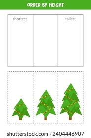 Match Christmas trees by height. Educational worksheet for kids.