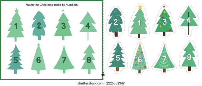 Match the Christmas trees by number and shadow activity page for kids. Winter cut and glue worksheet. Educational game for children. Sensory activity puzzle. Vector illustration