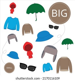 Match the clothes by size big or  small. Children's educational game.