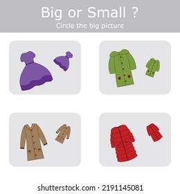 Match the clothes by size big or small. Children's educational game.
