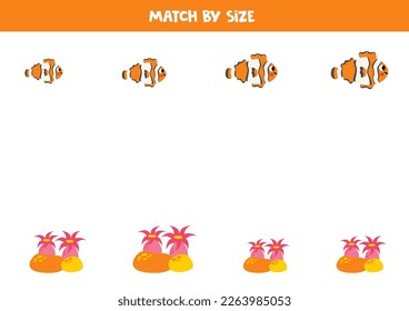 Match clownfish and actinia by size. Educational logical game for kids.