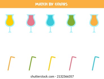 Match cocktails and straws by colors. Educational logical game for kids.