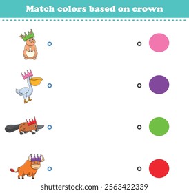 Match the color of the animal's crown. Educational game for color recognition