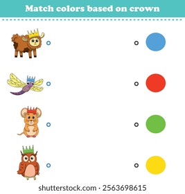 Match the color of the animal's crown. Educational game for color recognition