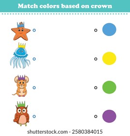 Match the color of the animal's crown. Educational game for color recognition